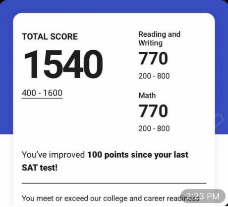 Digital SAT score report: 1540, improved 100 points